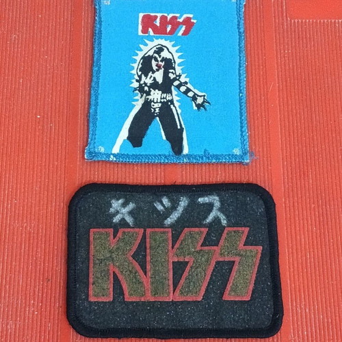 KISS woven patches used, name & Gene Simmons, 1980s, pack of 2