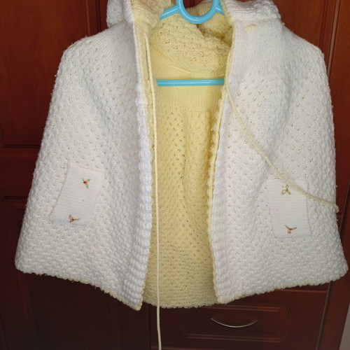 Baby knitted jacket with hood, like new, white and soft yellow