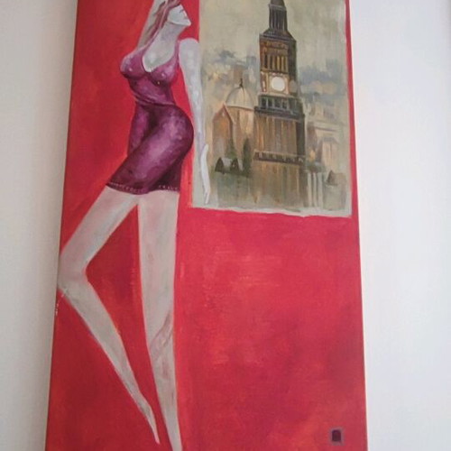 Canvas paintings like new, set of 4 in red-orange shades