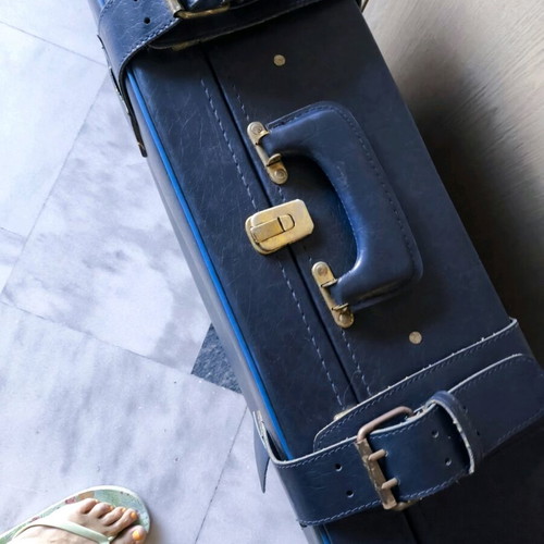 Vintage leather suitcase used, blue