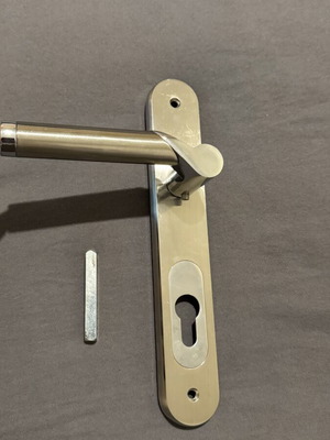Door handle with plate, nickel finish, 14cm height, 13cm handle