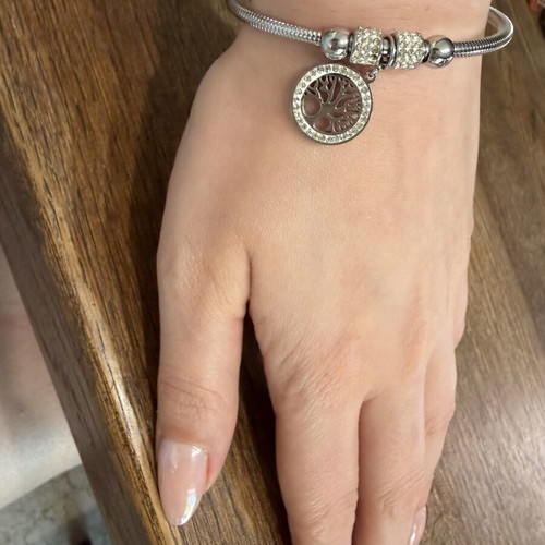 Steel bracelet with tree of life design and zirconia, new