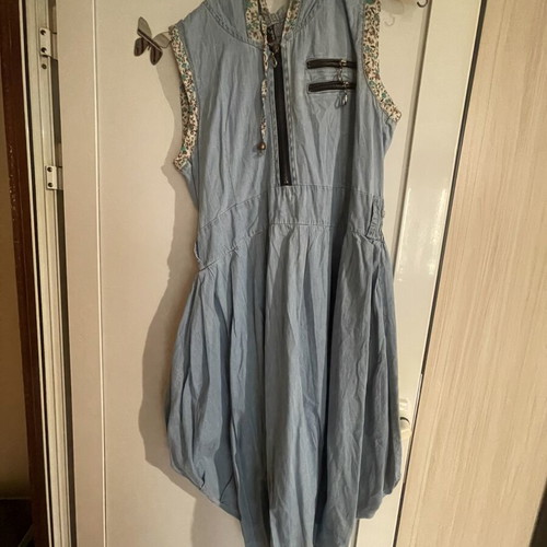 Dress imitation of denim and leather skirt like new, A-Style, gray beige