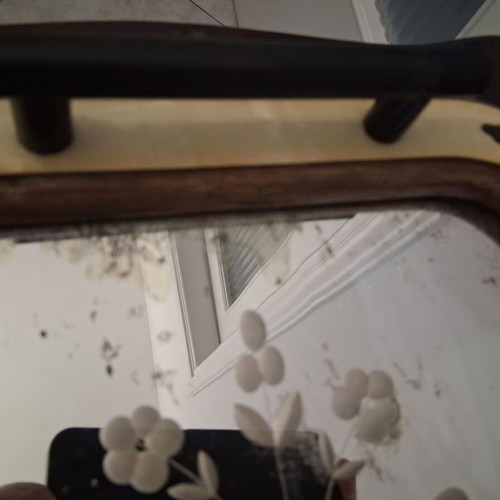 Serving tray used, wood and mirror with metal and mother-of-pearl details