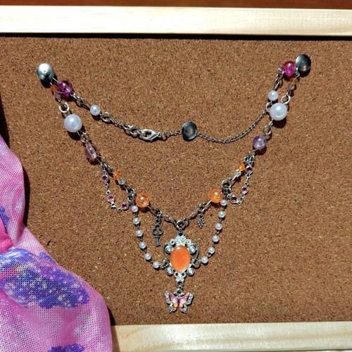 Princess butterfly necklace with orange and pink beads, vintage style