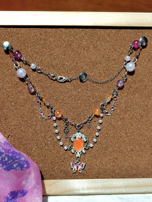 Princess butterfly necklace with orange and pink beads, vintage style