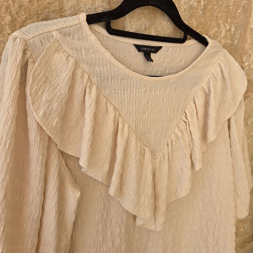 Cortefiel Textured Ruffle Blouse with Puff Sleeves like new, beige