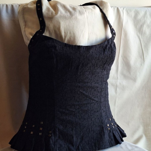 Karen Millen Vintage Y2K Small Black Broderie Anglaise Corset Halter Top like new