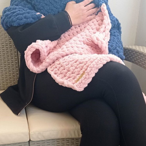 Handmade scarf with Alize Puffy yarn in blue and pink, made to order