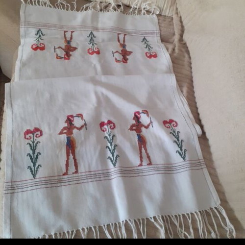 Long woven runner with Minoan Prince with Lilies embroidery and fringes
