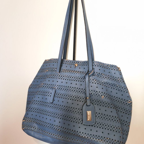 Hunter tote bag, blue, perforated details, detachable inner pouch