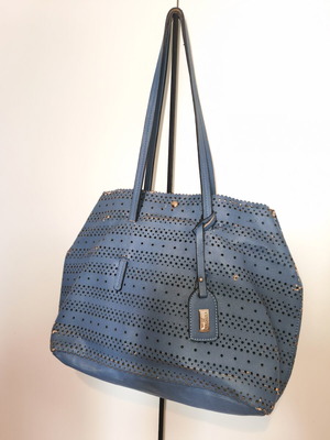 Hunter tote bag, blue, perforated details, detachable inner pouch