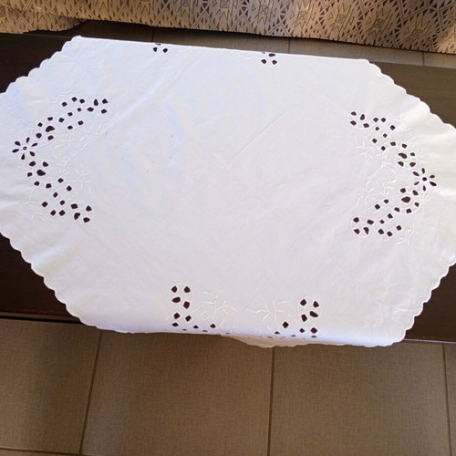 Vintage handmade cutwork tablecloth used, white embroidery 69x78 cm