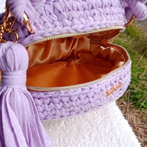 Wooden knitted handmade Calypso bag new lilac with gold chain