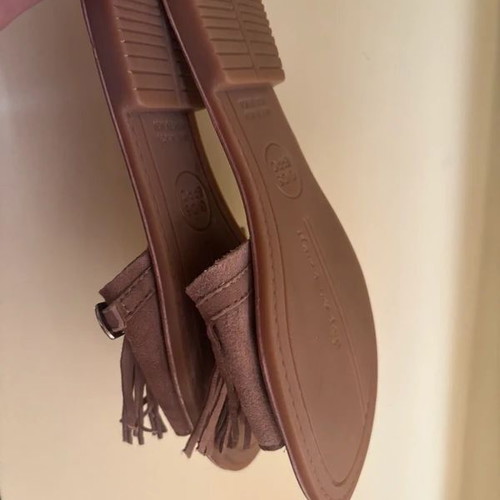 Leather sandals with suede fringe, size 36, beige brown