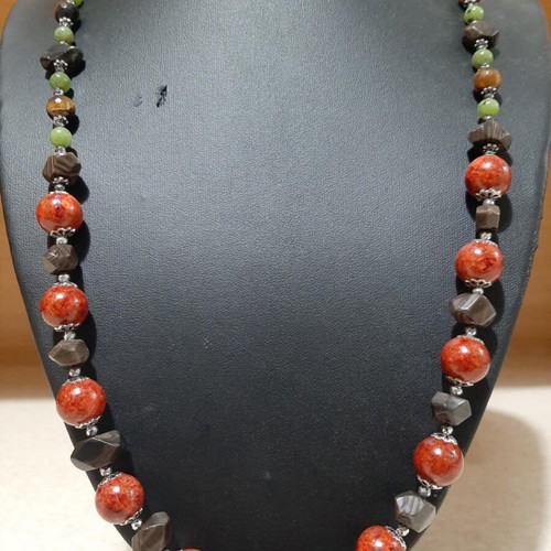 Necklace with coral, bronzite, jade, tiger's eye and jasper in 925 silver new