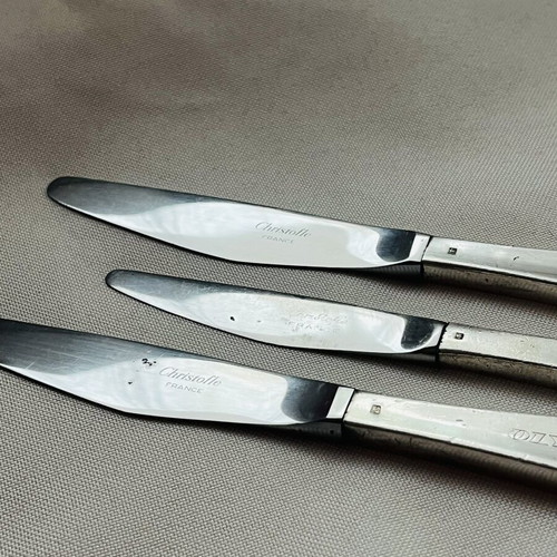 Christofle France collectible set of 3 knives used, Olympic Airways Onassis era