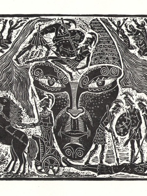 Handmade linocut illustration of Iliad Death of Hector new