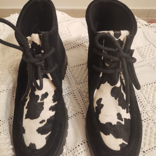 M&S women's ankle boots genuine suede leather with black and white pony skin, size 39