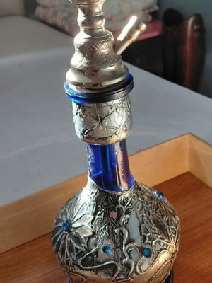 Hookah with blue glass base and silver decoration