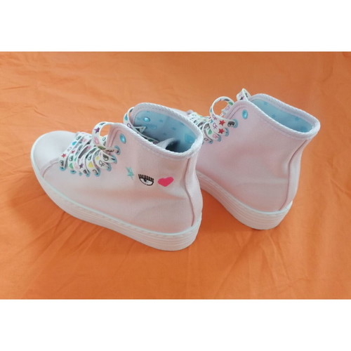 Chiara Ferragni pink canvas platform boots with decorative embroidery