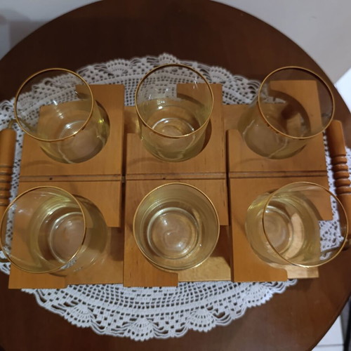 Vintage tray with 6 glasses new, wooden with crystal glasses