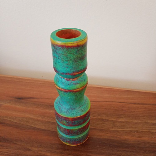 Wooden handmade candlestick painted with chalk colors, new, 15 cm