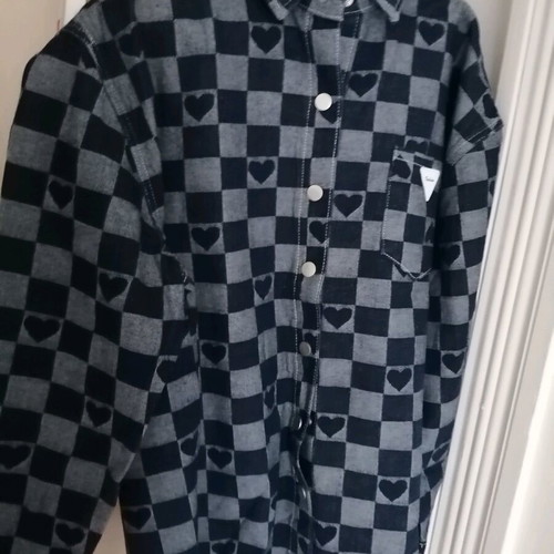 Tempish denim jacket with checkered card suit pattern like new, gray