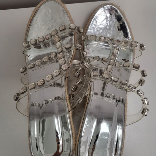 Platform espadrille sandals like new, silver with crystals
