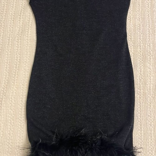 Black mini dress with feathers like new, sleeveless, tight fit