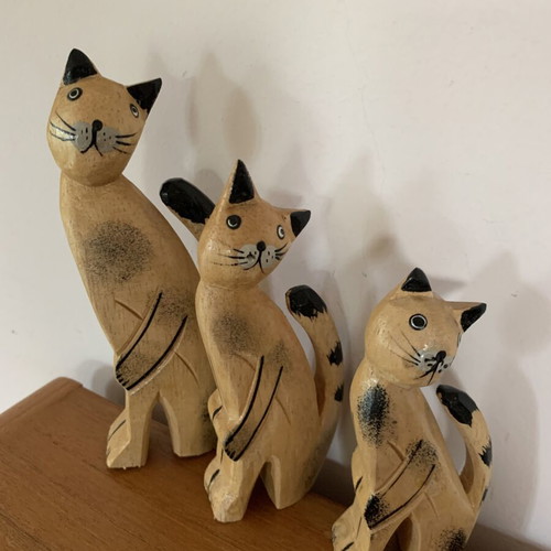 Set of three handmade wooden cat figurines new