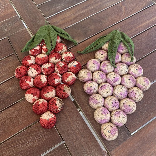 Handmade vintage crocheted grape decorations used, 1970s