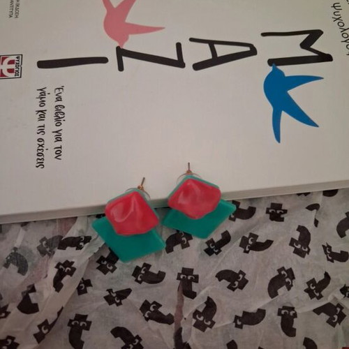 Statement acrylic geometric earrings, color-block fuchsia and turquoise