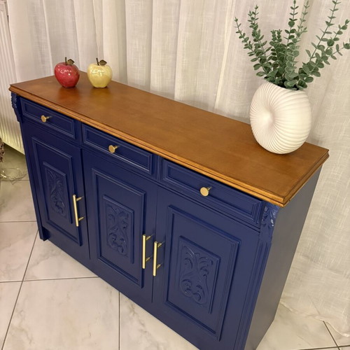 Modern classic buffet used, navy blue and natural wood