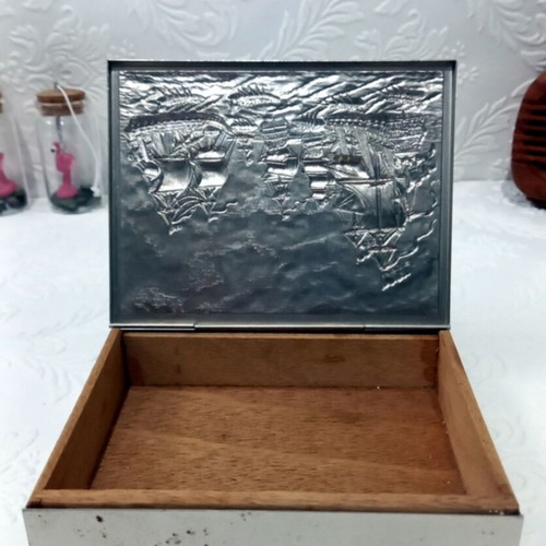 Wooden box used with embossed old sailing ships design