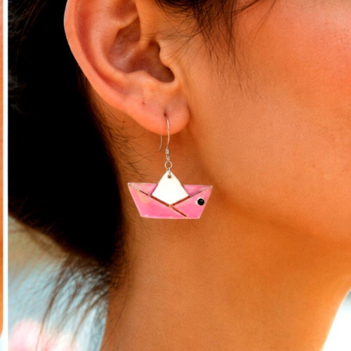 Boat earrings new, handmade clay and glass with steel elements