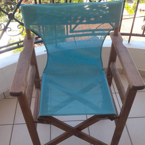Director's Chair used with wooden frame and blue PVC seat