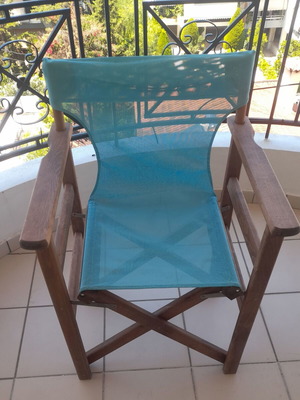 Director's Chair used with wooden frame and blue PVC seat