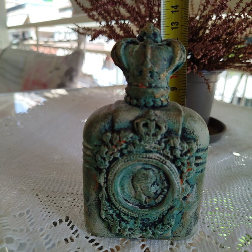 Handmade decorative bottle like new with mixed media and verdigris patina