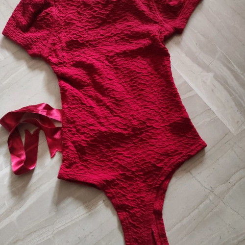 Lace bodysuit blouse new, red with satin ribbon