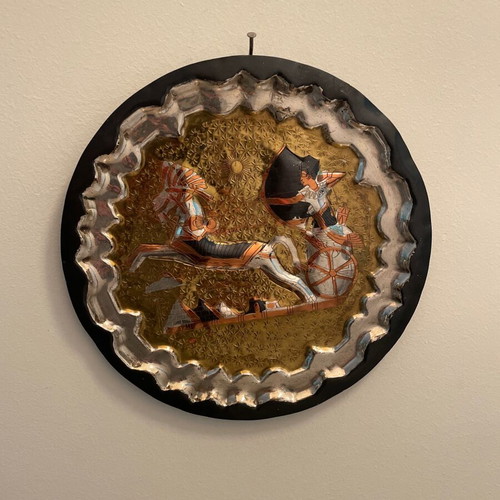 Decorative wall plate used, brass with Egyptian warrior