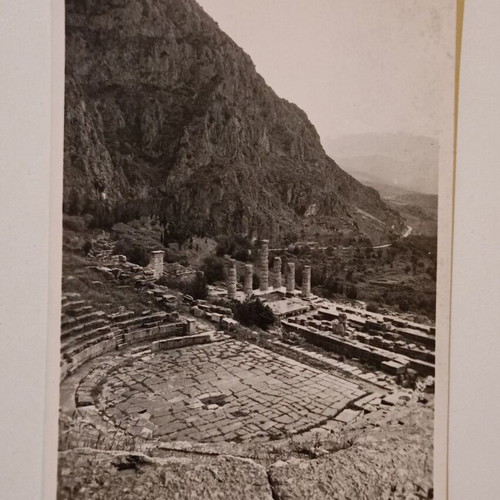 Delphi postcard used, black and white, ancient theater and Temple of Apollo