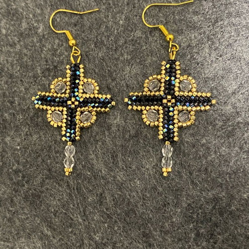 Handmade beaded earrings cross and star shaped, new, multicolor and gold