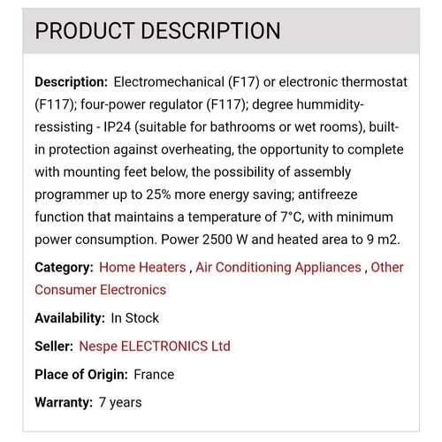 Atlantic convector heater used up to 2500W