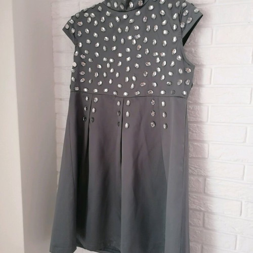 Satin dress gray embroidered with stones like new, size M