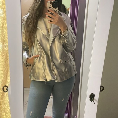 Silver faux leather jacket new with belt and tabs