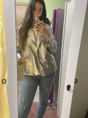 Silver faux leather jacket new with belt and tabs