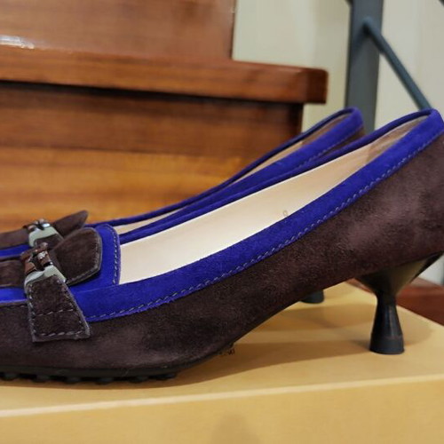 Tod's suede kitten heel loafers, brown and cobalt blue, size 39