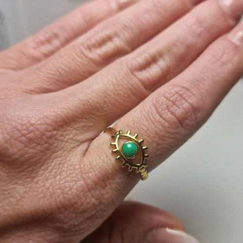 Stainless Steel Eye Ring with Enamel in Gold and Green