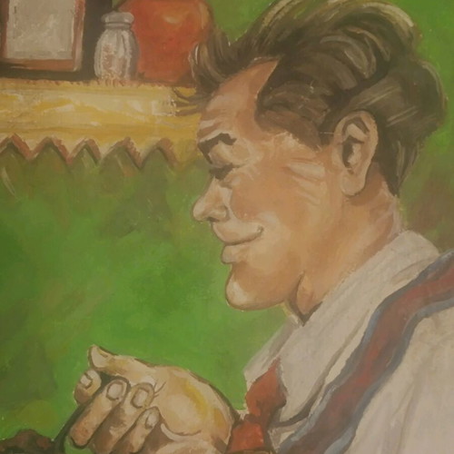 Handmade wooden painting used, retro coffee maker 50s